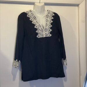 Preston & York Black Blouse with White Lace Trim